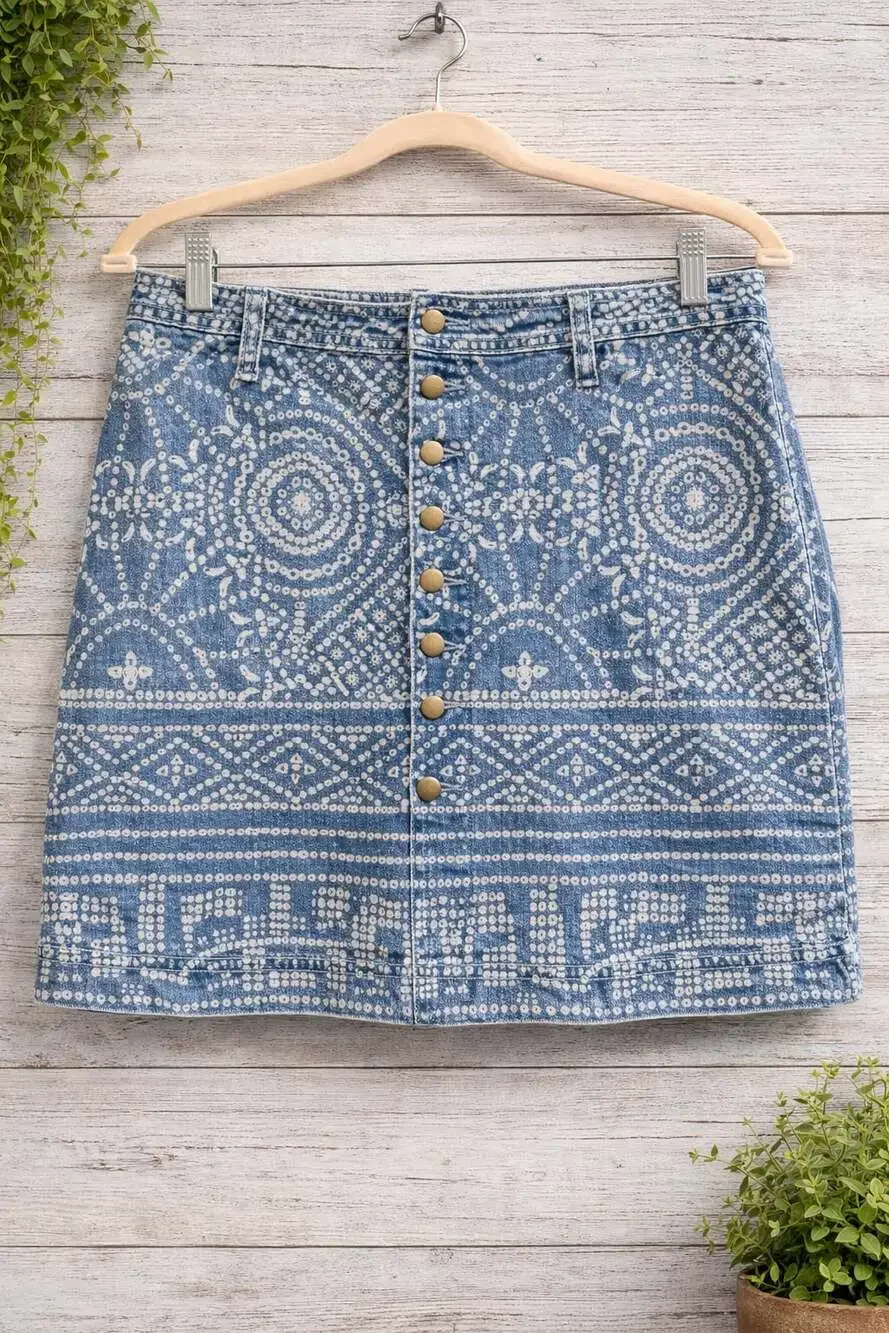 Free People School Daze Batik Print Denim Button Fly Mini Skirt